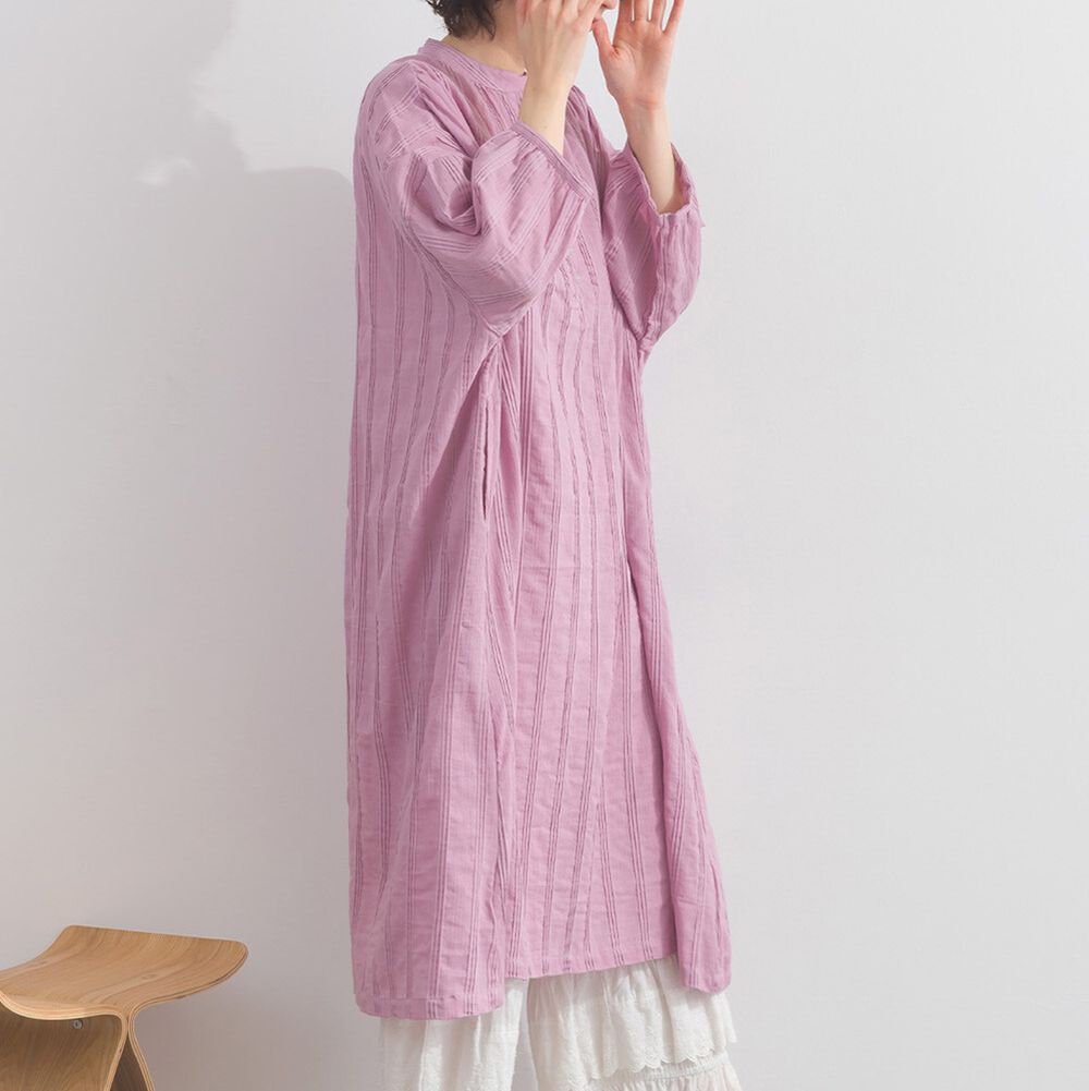 印度棉 細緻緹花前開襟七分袖洋裝-玫粉紅