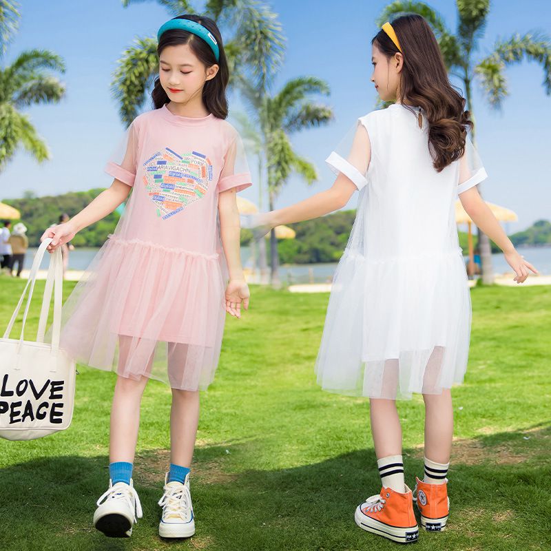 圓領短袖網紗飄飄連身裙-英文拼色愛心-粉色