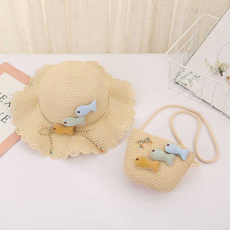 日系不規則大帽簷草帽/遮陽帽(附小背包)-小魚-咖啡色 (建議2-8歲)