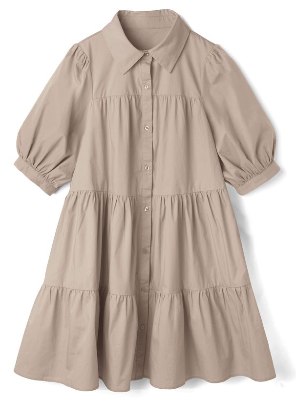 日本 GRL - 聯名款 蛋糕層次泡泡袖襯衫洋裝-灰褐杏