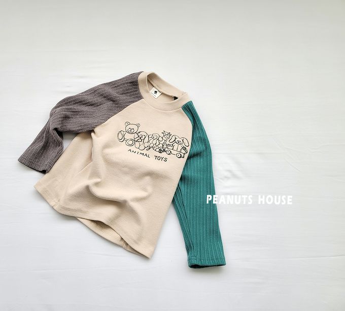 韓國 Peanuts House - 動物玩具印拉絨長袖上衣-灰咖X綠