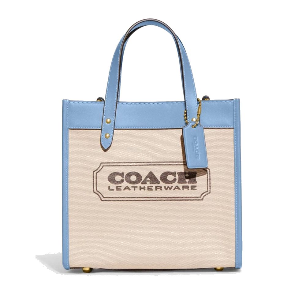 拼接皮革手提小托特包 (米白藍邊)