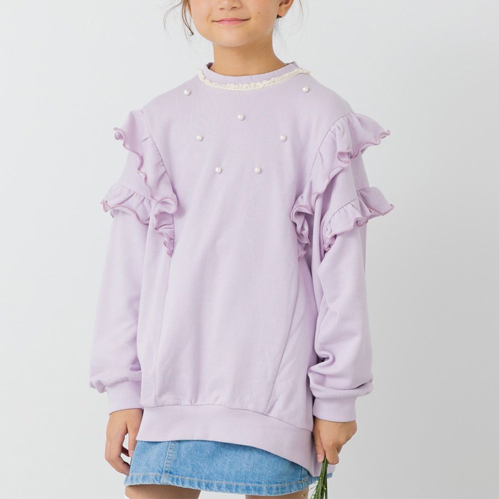 華麗感珍珠荷葉裏毛長袖上衣-薰衣草