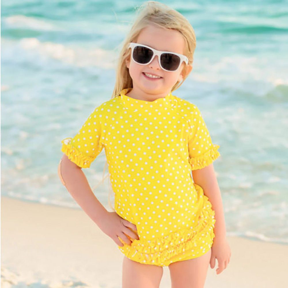 美國 RuffleButts - 小女童比基尼泳裝-檸檬黃白點點泳裝