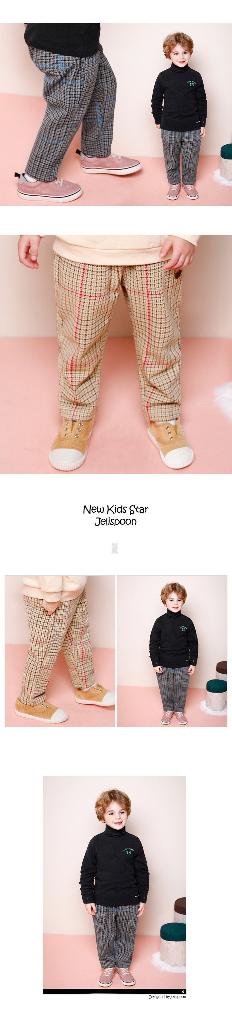 韓國 Jelispoon - (內刷毛)小熊熊格紋長褲-灰