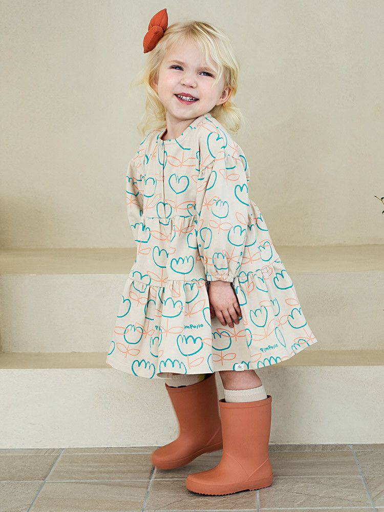 韓國Pimpollo - 可拆翻領可愛花朵洋裝-灰