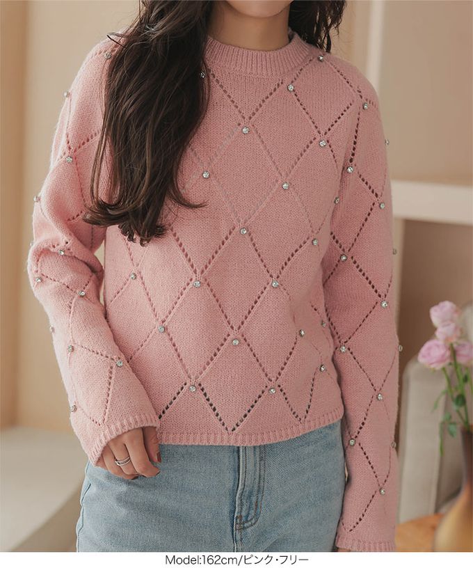 日本 Kobe Lettuce - 搶眼菱格紋珠飾點綴針織上衣-黑