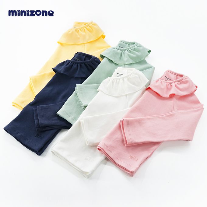 Minizone - 甜美荷葉領素色長袖T恤-藍色