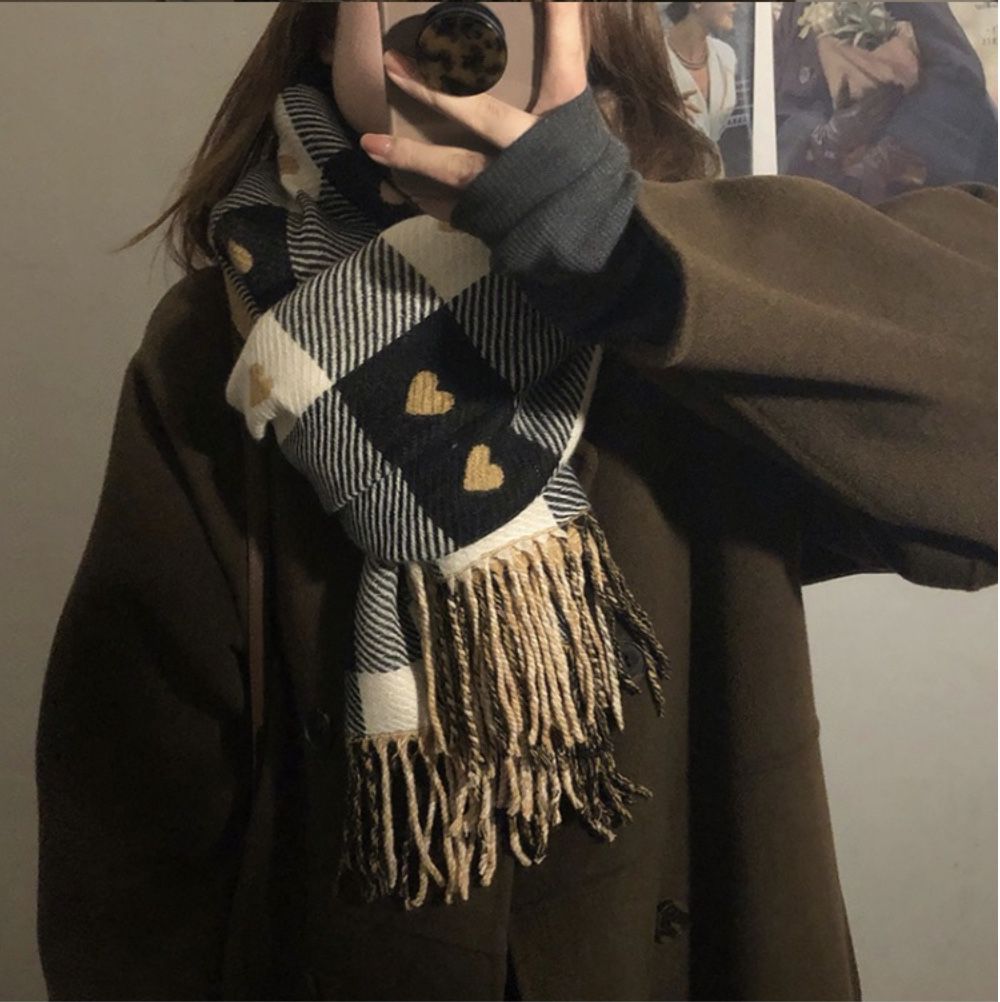 超柔軟愛心格子加厚重磅雙面圍巾-黑色-成人圍巾披肩-黑色-200 x 70 cm