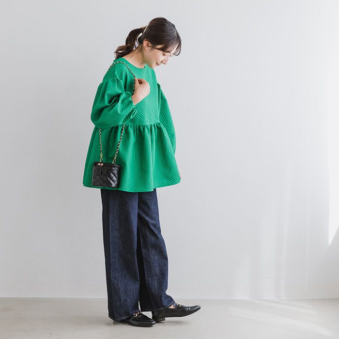 日本 ihuu - 甜美腰線壓紋後綁帶長袖上衣-黑