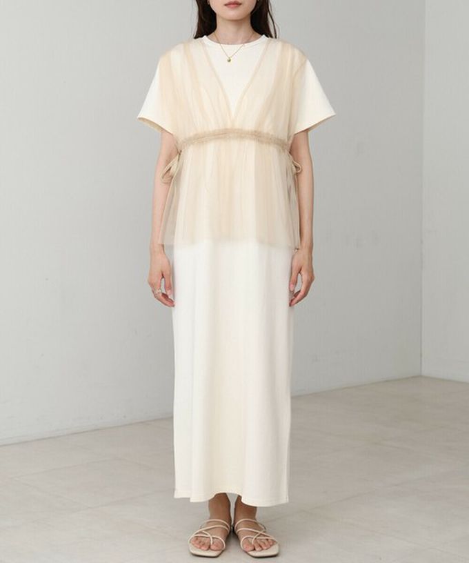 日本 Bab - 層次設計感薄紗拼接短袖洋裝-黑