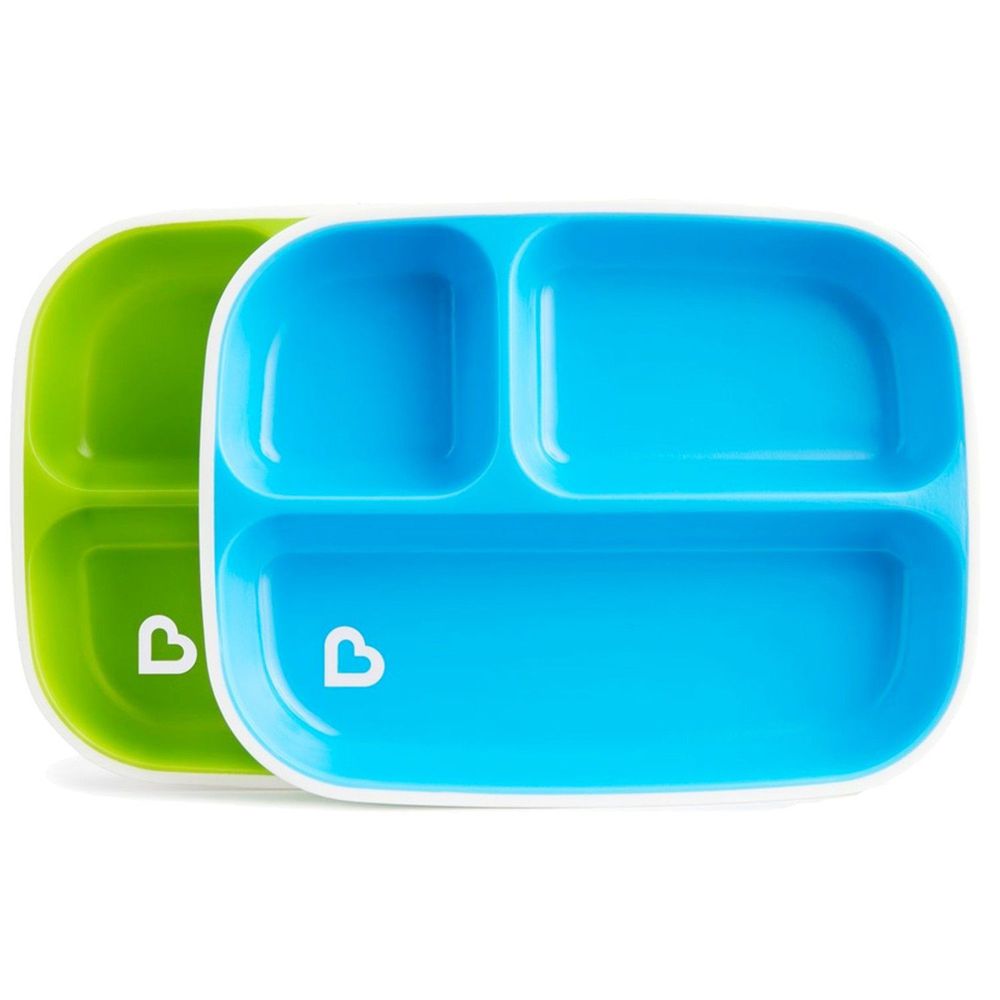 美國 munchkin - 防滑三格餐盤2入-綠/藍