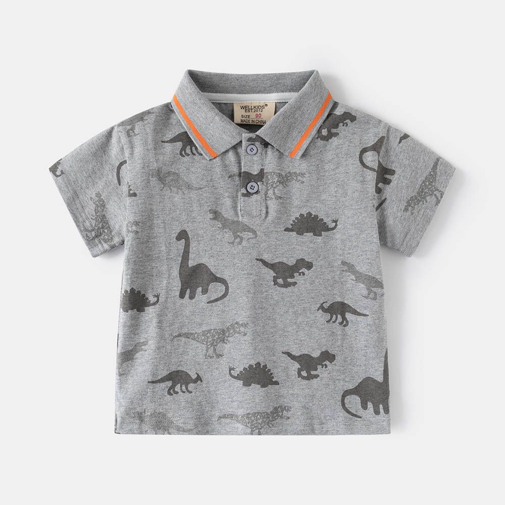 純棉休閒翻領短袖上衣-滿印恐龍-灰色