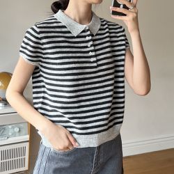 韓國女裝連線 - 翻領小釦羊毛混織短袖上衣-條紋-淺灰 (FREE)