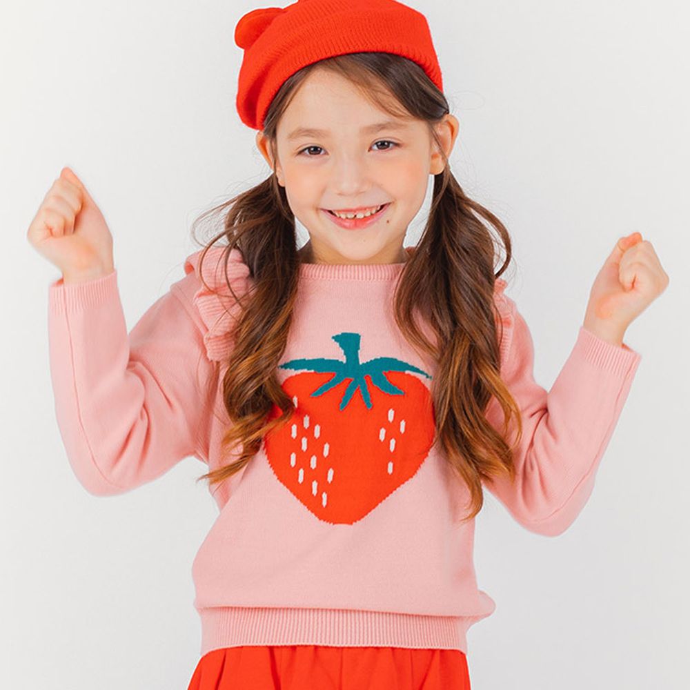 韓國 OZKIZ - 荷葉裝飾一顆草莓針織上衣