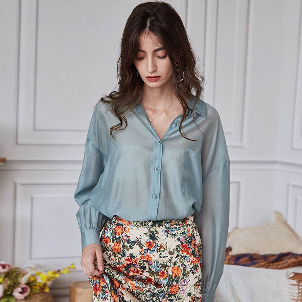 氣質透膚襯衫/罩衫-淺藍色 (M)