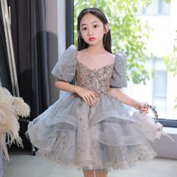 公主風立體紗裙短袖禮服(零碼140)-亮片星空-灰藍色