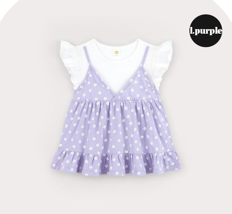 韓國 HEJMINI - 假兩件小白花荷葉下擺上衣