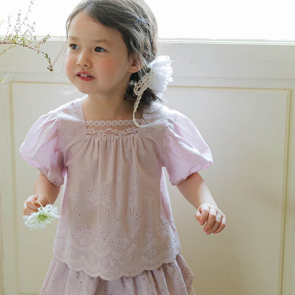 波紋繡花方領泡泡袖襯衫-粉