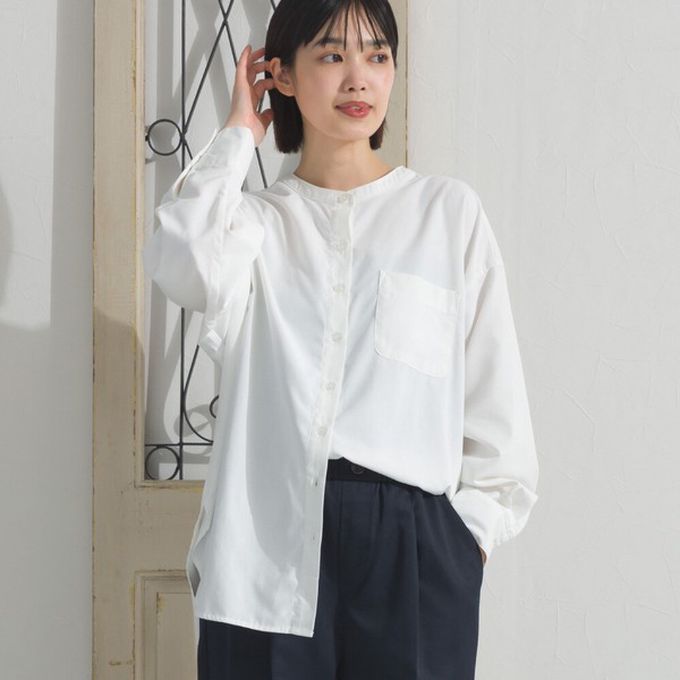 日本 OMNES - 柔滑科技棉 小立領長袖襯衫-白