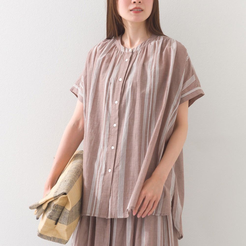 100%印度棉 夏日印花休閒長版襯衫-淺棕條紋