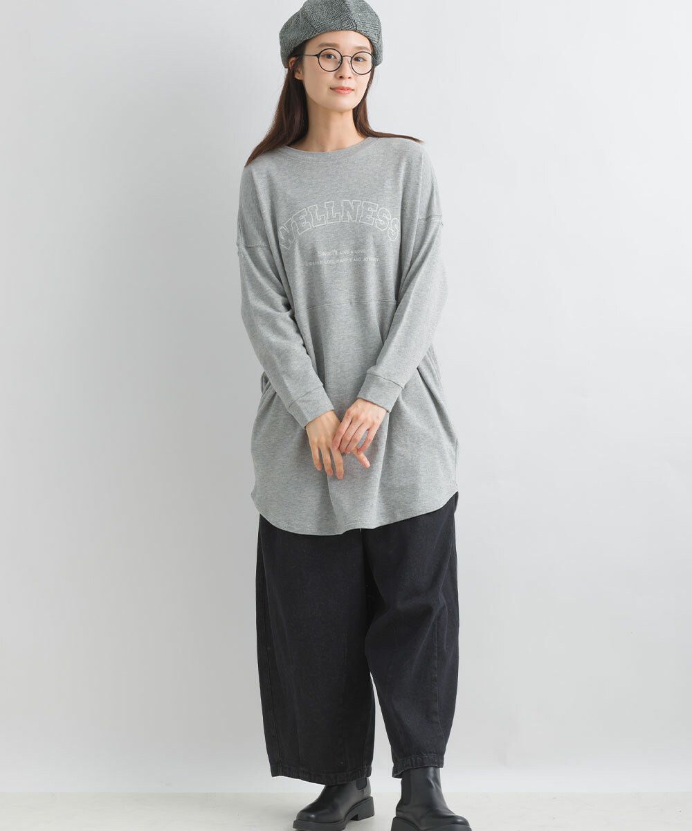 日本女裝代購 - 100%美國棉印花長版長袖上衣-淺灰