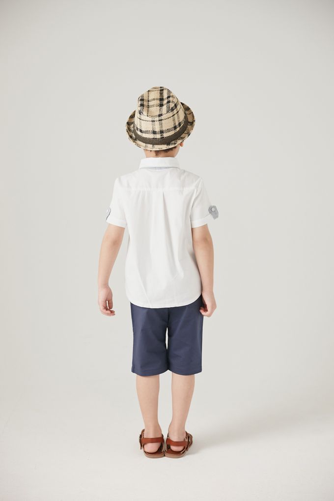 韓國 Coco Bang - 經典拼色壓紋翻領短袖襯衫-水藍