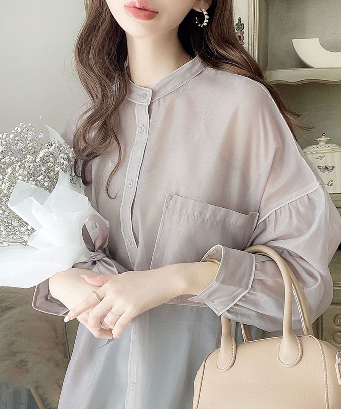 日本 Classical Elf - 優雅滾邊透膚感長袖襯衫-灰棕