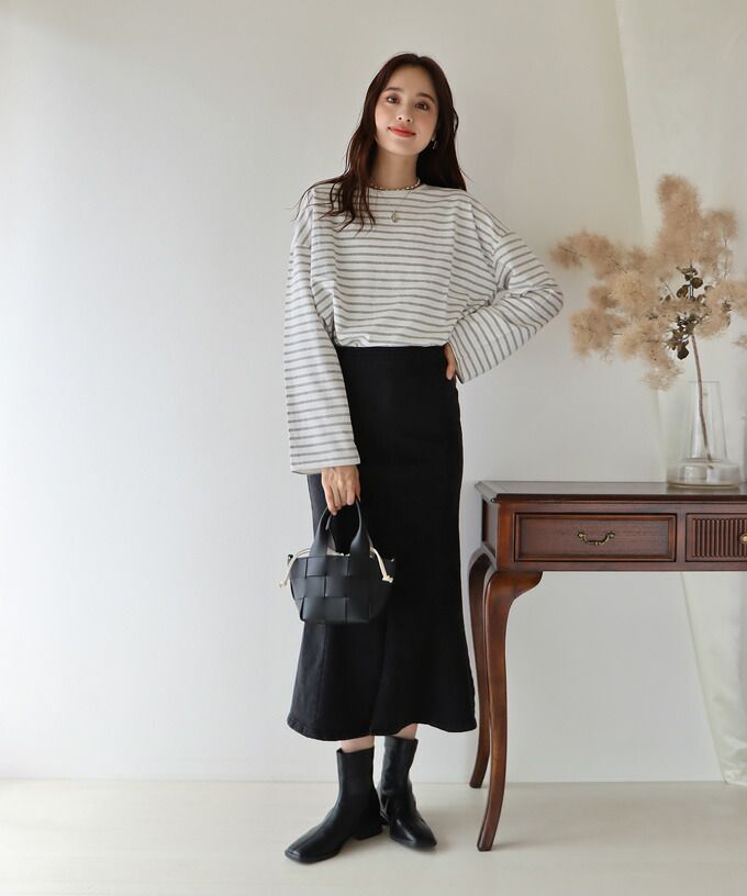 日本 BLUE EAST - 百搭落肩休閒長袖上衣-條紋-軍綠