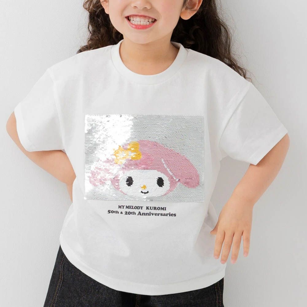 聯名款 100%純棉短袖上衣-卡通人物美樂蒂＆酷洛米(亮片款)-白