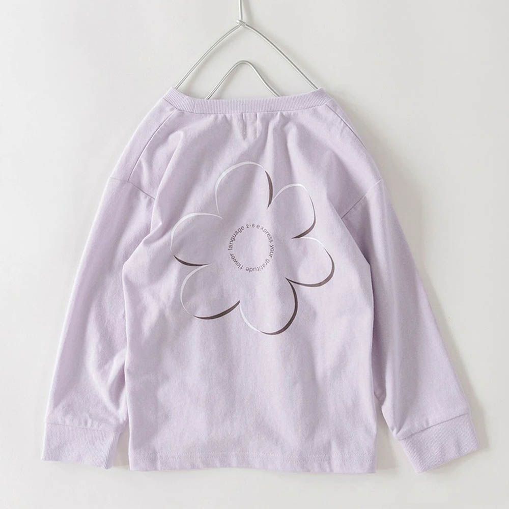 100%棉 可愛女孩印花長袖上衣-背後花朵-淺紫