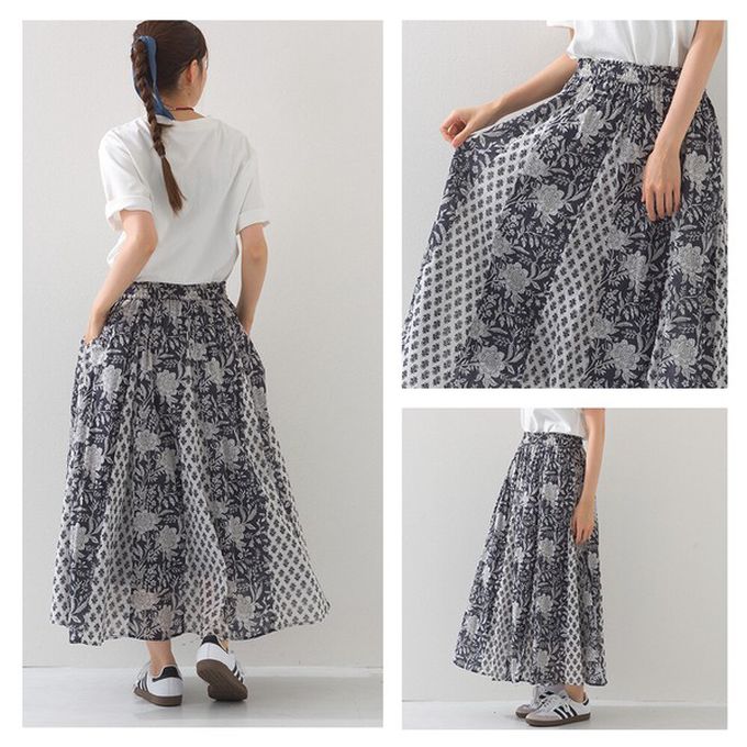 日本 OMNES - 100%印度棉 奢華印花飄逸感長裙-深藍