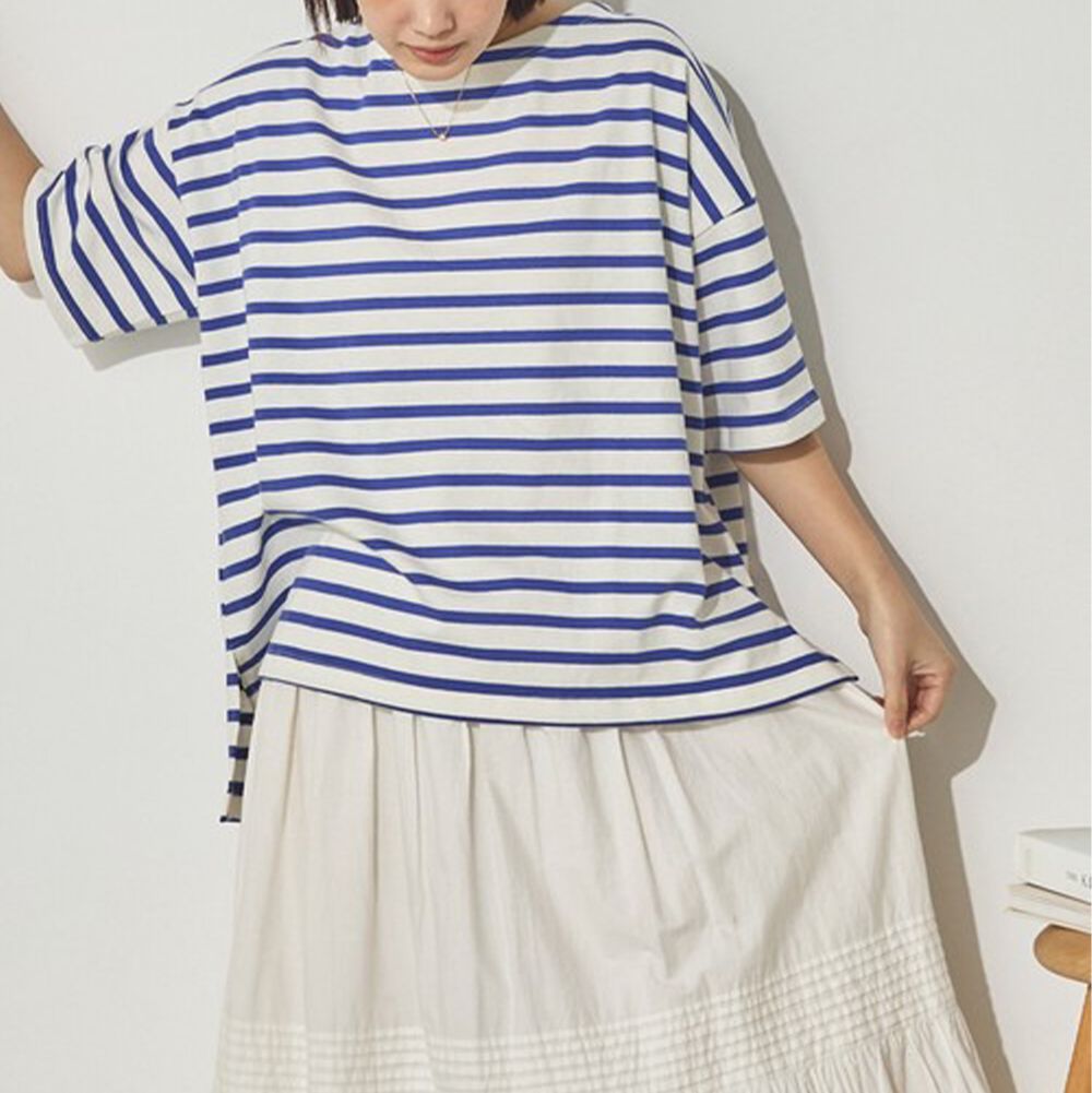 100%棉 定番條紋落肩五分袖上衣-白x寶藍