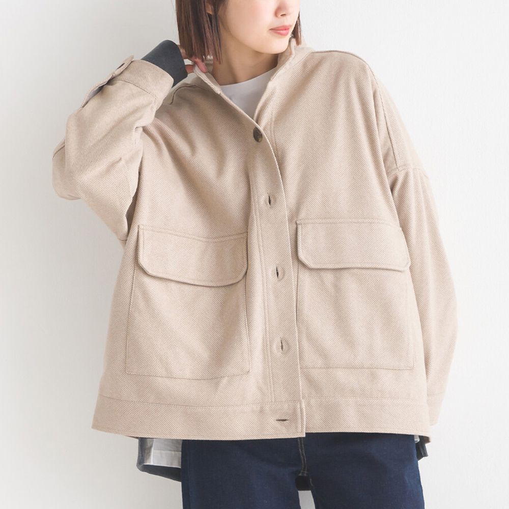 人字紋休閒口袋俐落短版大衣外套-卡其