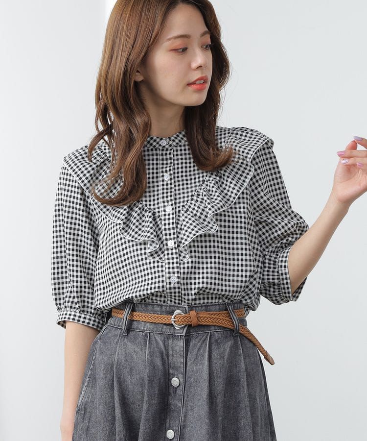 日本 Honeys - V字荷葉領七分袖襯衫-碎花-白