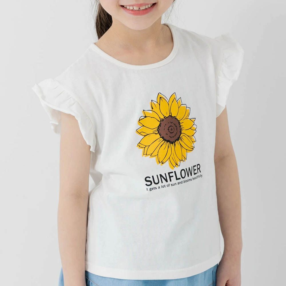 100%棉 荷葉邊女孩印花短袖上衣-向日葵-白