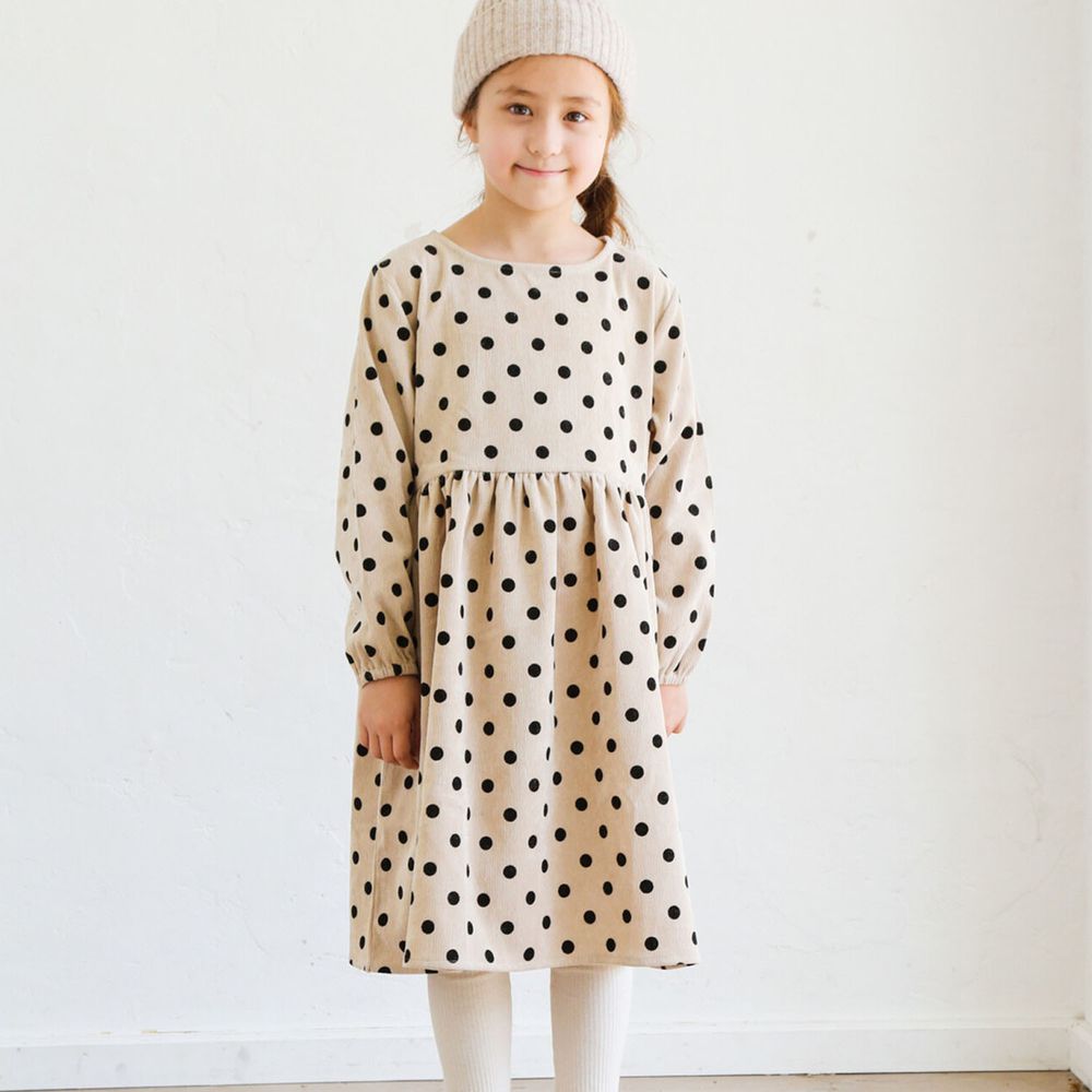 日本 PAIRMANON - 輕薄長袖洋裝-復古點點-杏底