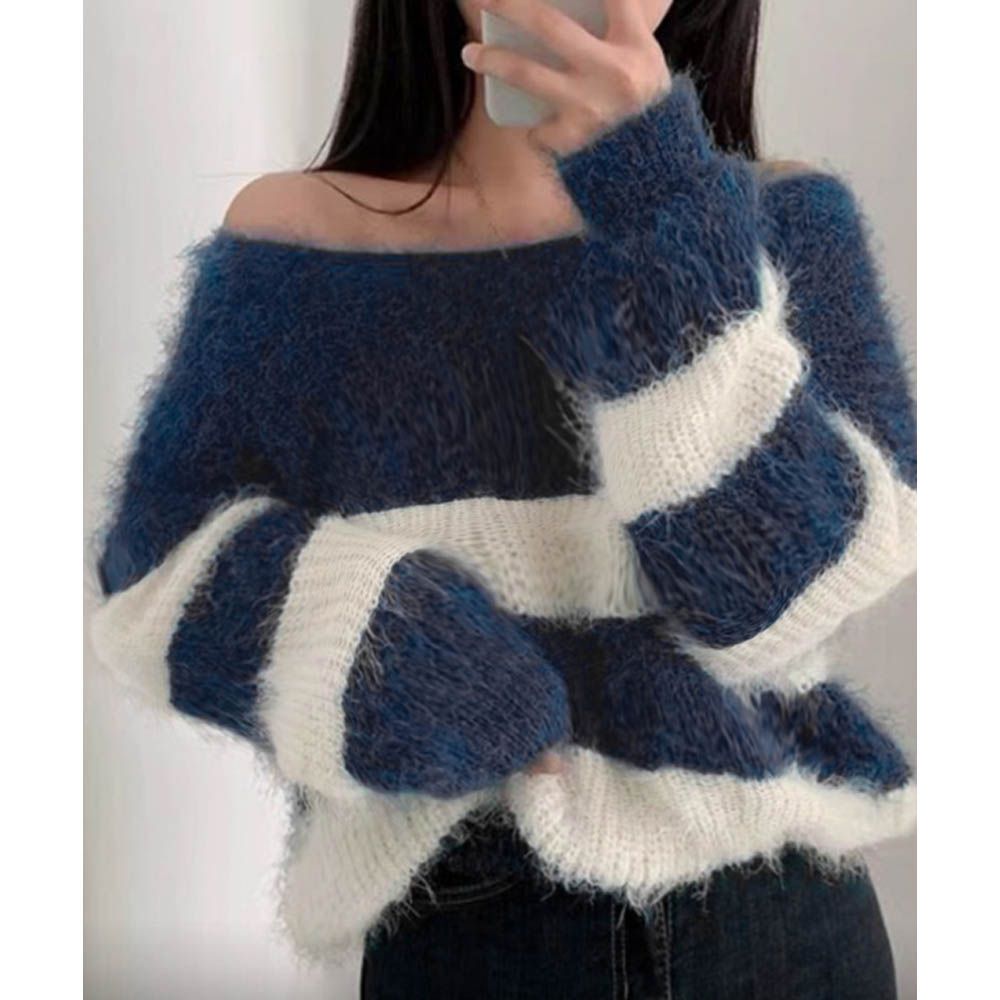 前後穿橫紋澎澎毛絨針織短版上衣-海軍藍 (F)