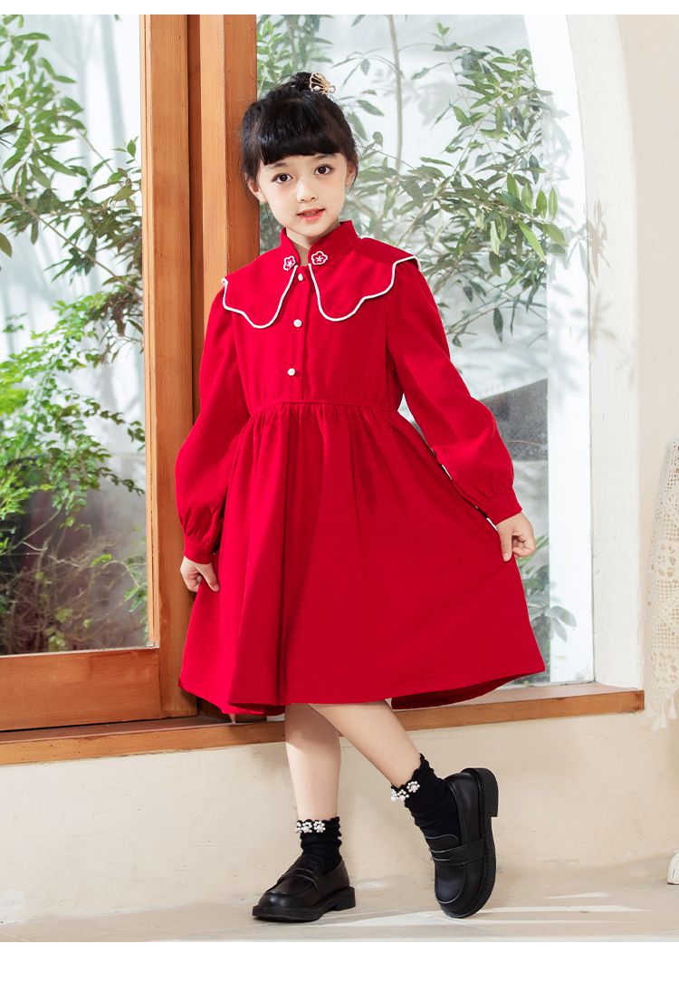 娃娃領燈芯絨長袖洋裝-卡其色