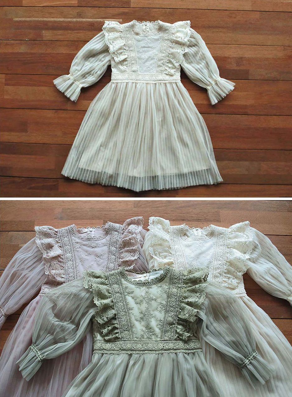 韓國 PuellaFLO - 透膚華麗蕾絲百褶紗裙洋裝-米白