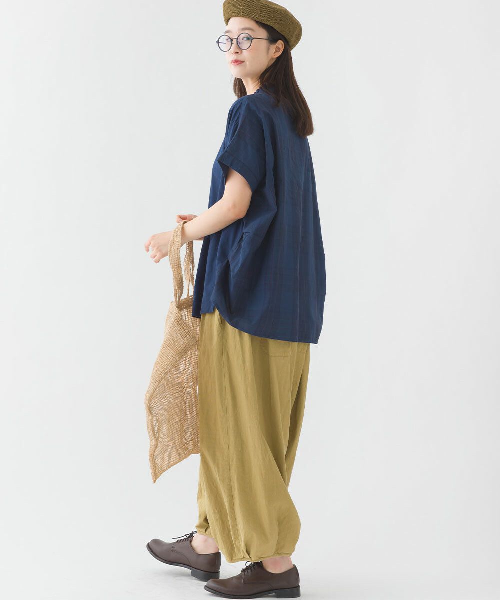 日本女裝代購 - 100%印度棉格紋拼接短袖上衣-深藍