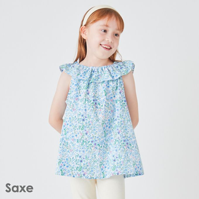 日本 evercloset - 滿版花荷葉領無袖上衣-黃系