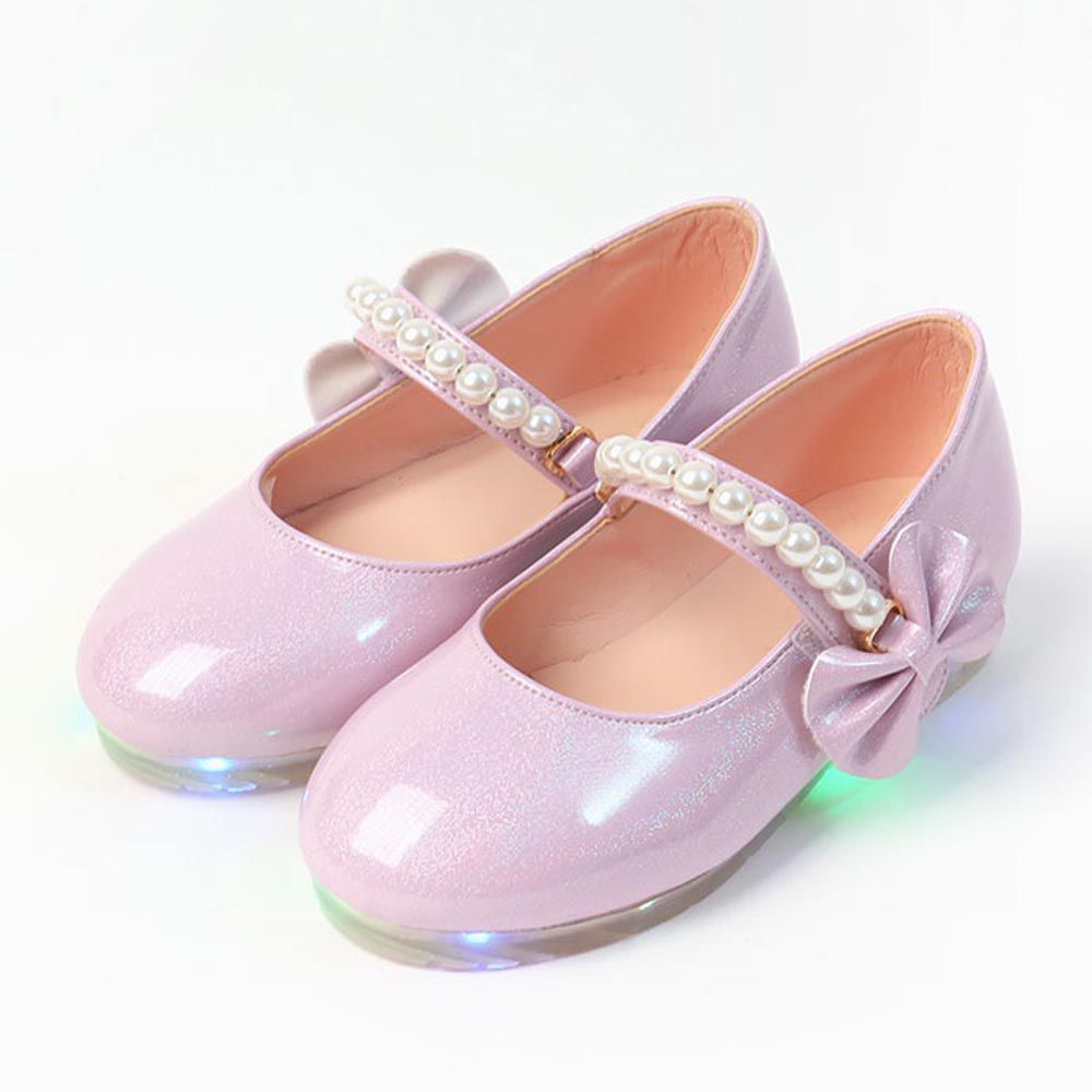 韓國 OZKIZ - (LED)珍珠裝飾漆皮矮跟皮鞋-紫