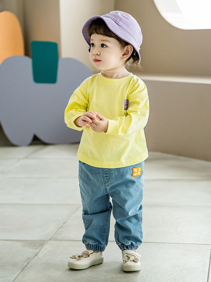 韓國 Pimpollo - 品牌布貼裝飾圓領長袖上衣-黃