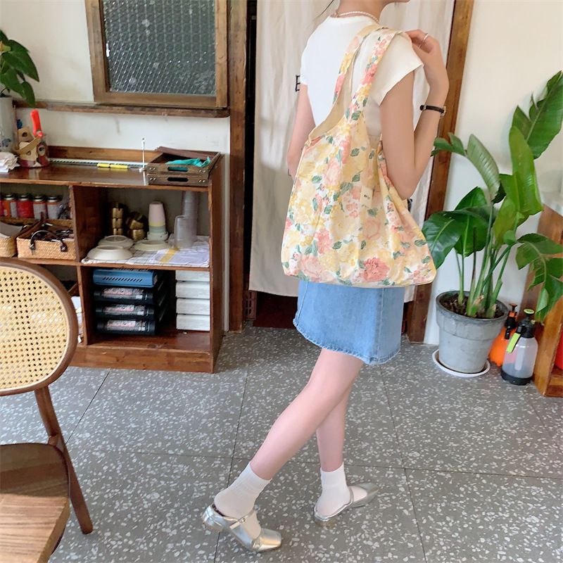 碎花休閒布袋/單肩包-牡丹花-粉色 (41x31+24cm)