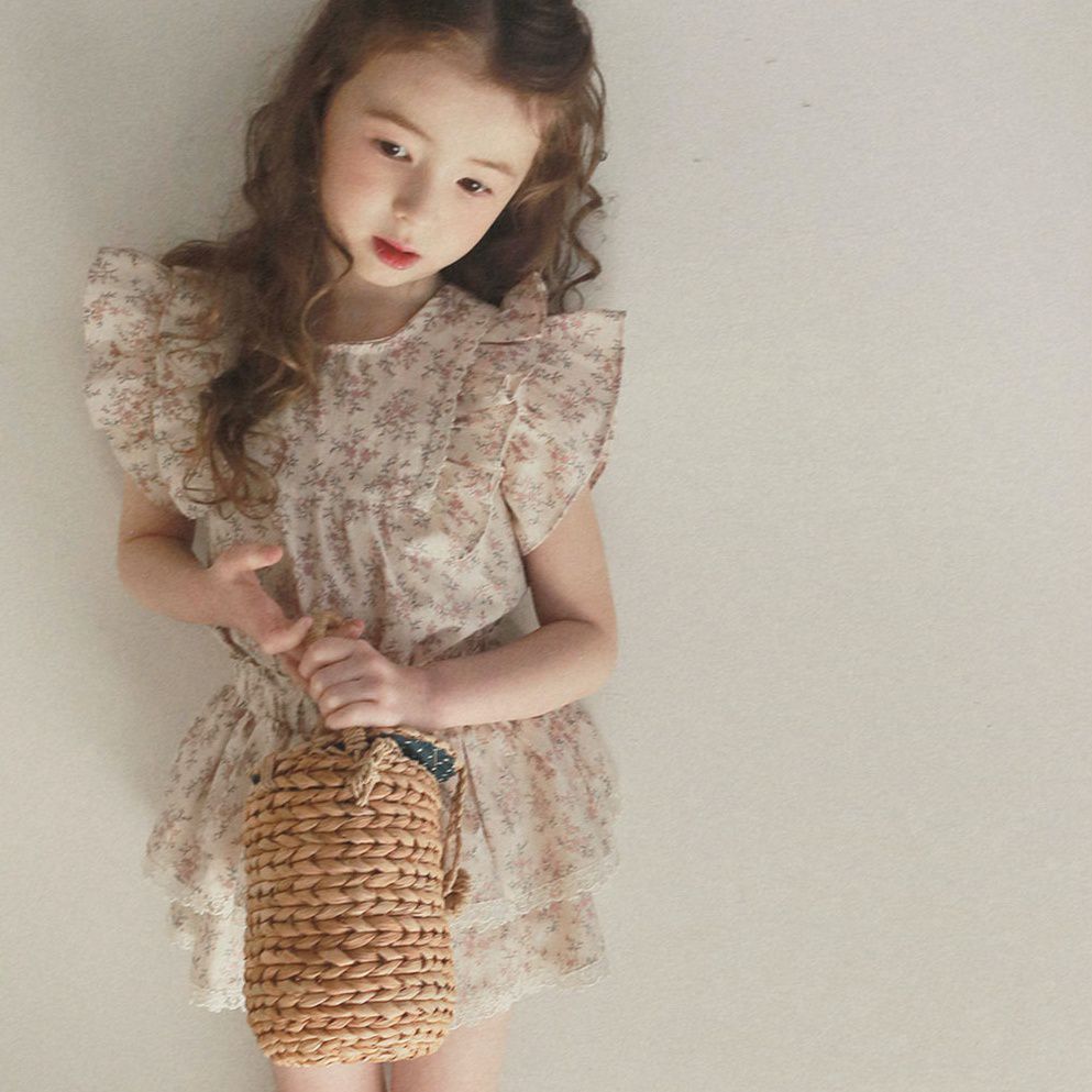 韓國 PuellaFLO - 雙層荷葉袖碎花上衣-粉紅花