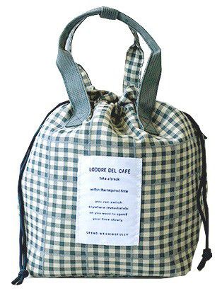 日本代購 - 抽繩束口保溫保冷便當袋-格紋-寶貝藍 (27x19×16cm)