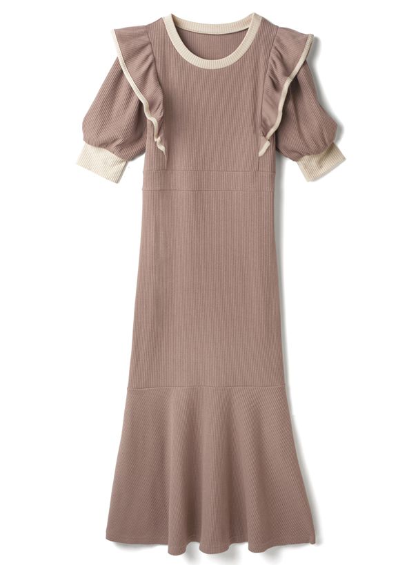 日本 GRL - 撞色荷葉滾邊修身魚尾短袖洋裝-摩卡棕