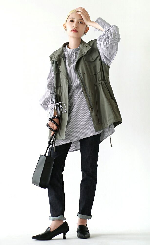 日本 zootie - 繫帶開衩袖口襯衫長版上衣-深藍條紋