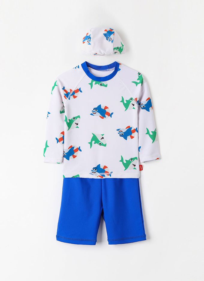 韓國 OZKIZ - 泳圈鯊魚印長袖泳裝/泳帽Set-白灰X藍